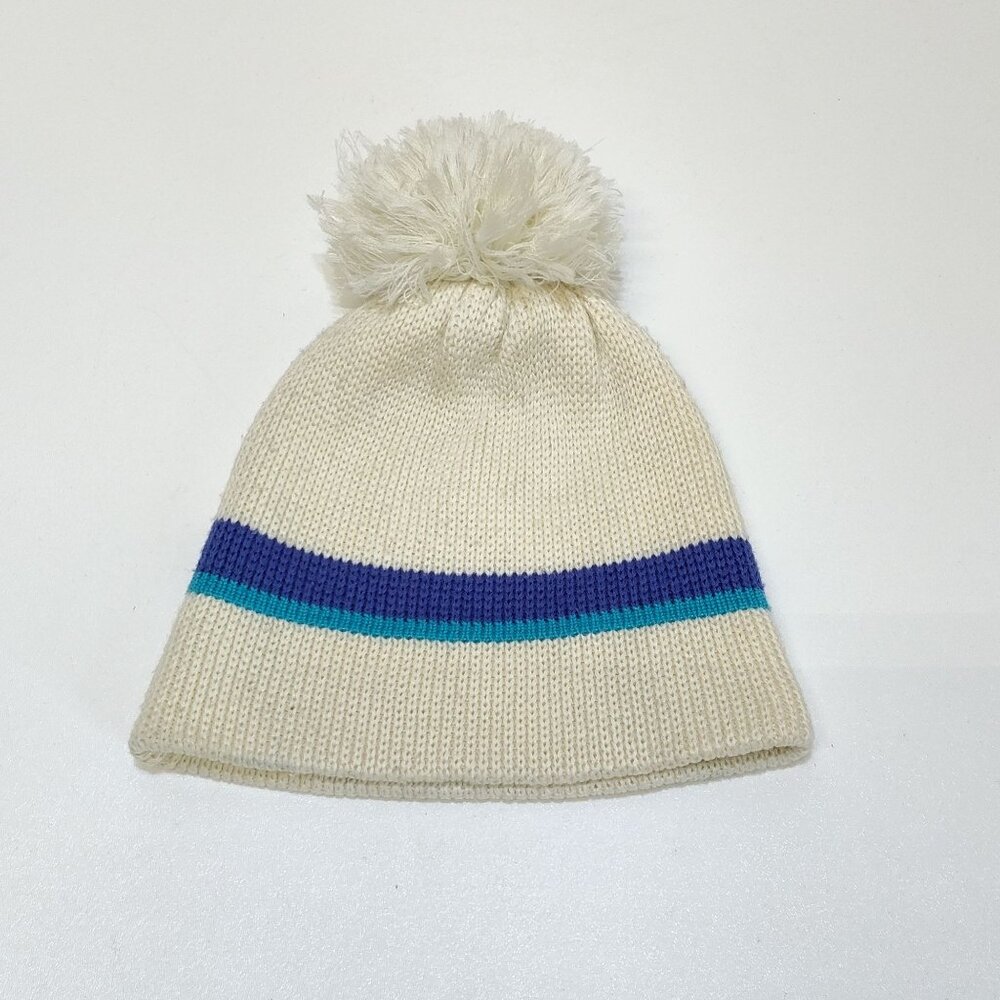 Snuggler Knit Beanie Hat PomPom Cream Stripe Wool Acrylic Blend Unisex 1990s VTG